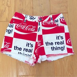 Coca Cola Brand Denim Short in Small Cut Off zipper fly Red White Black Coke